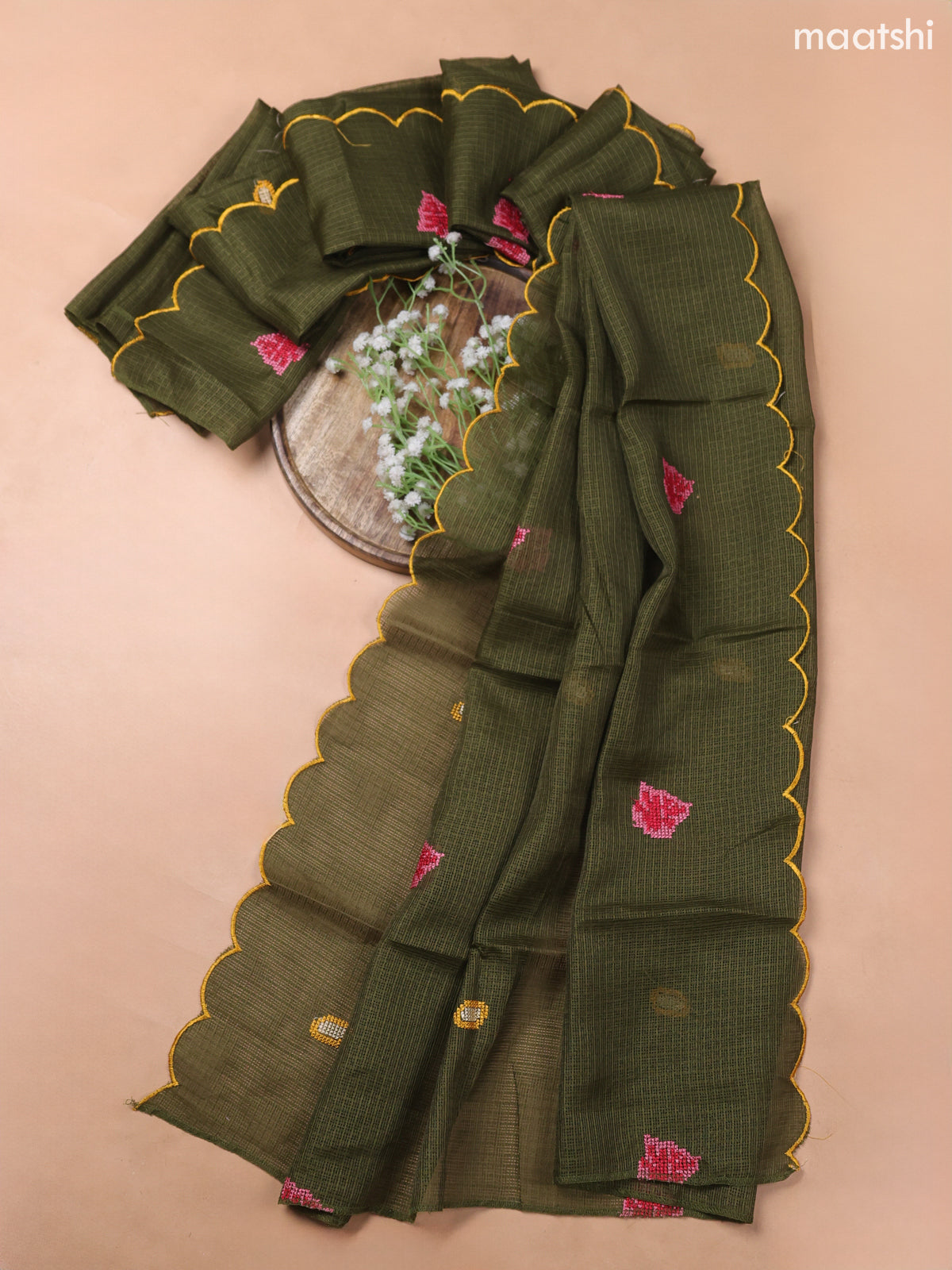 Sap Green Kota Dress Material With Embroidery Work Neck Pattern and Bottom & Kota Dupatta