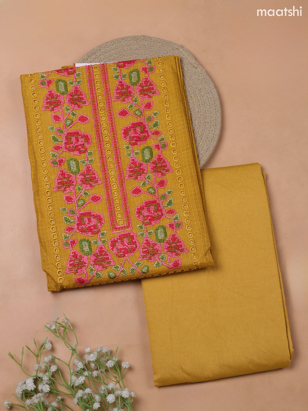 Mustard Yellow Kota Dress Material With Embroidery Work Neck Pattern and Bottom & Kota Dupatta