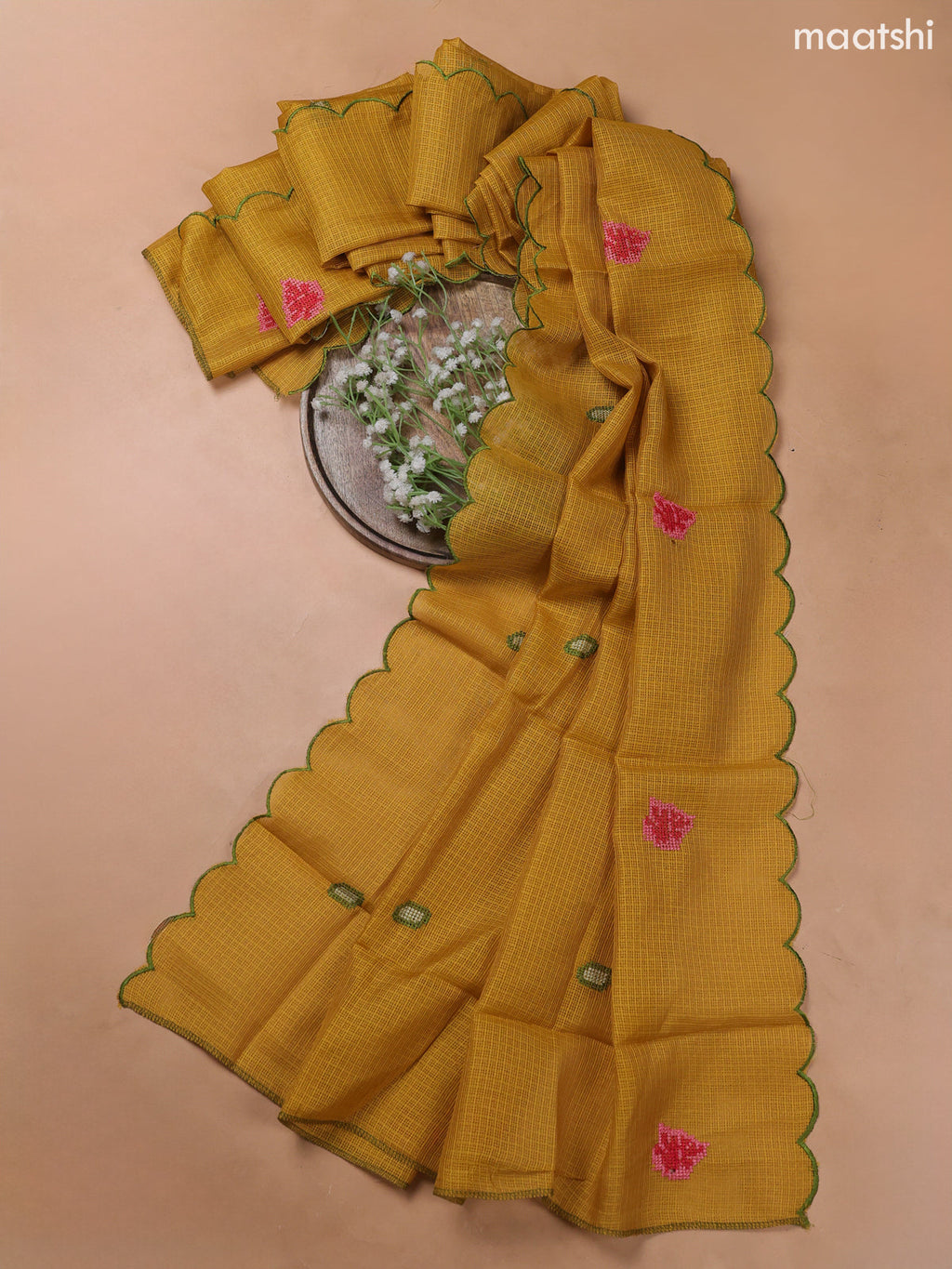 Mustard Yellow Kota Dress Material With Embroidery Work Neck Pattern and Bottom & Kota Dupatta