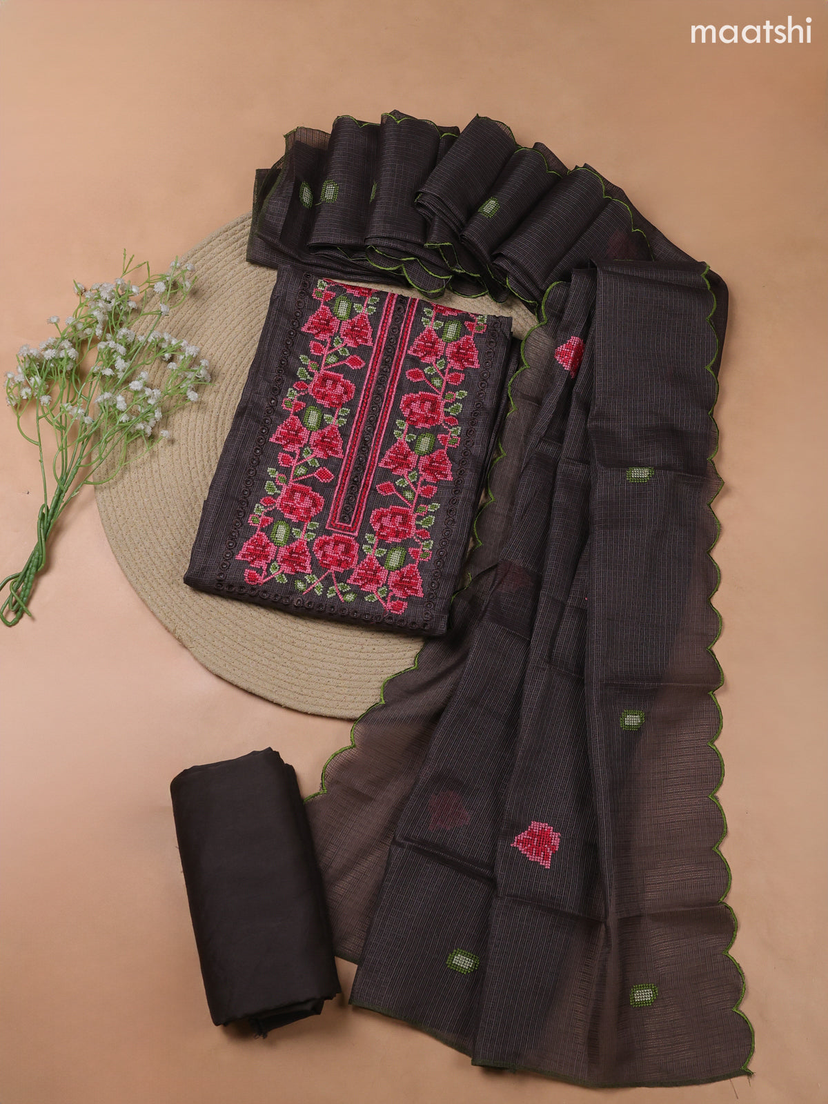 Black Kota Dress Material With Embroidery Work Neck Pattern and Bottom & Kota Dupatta