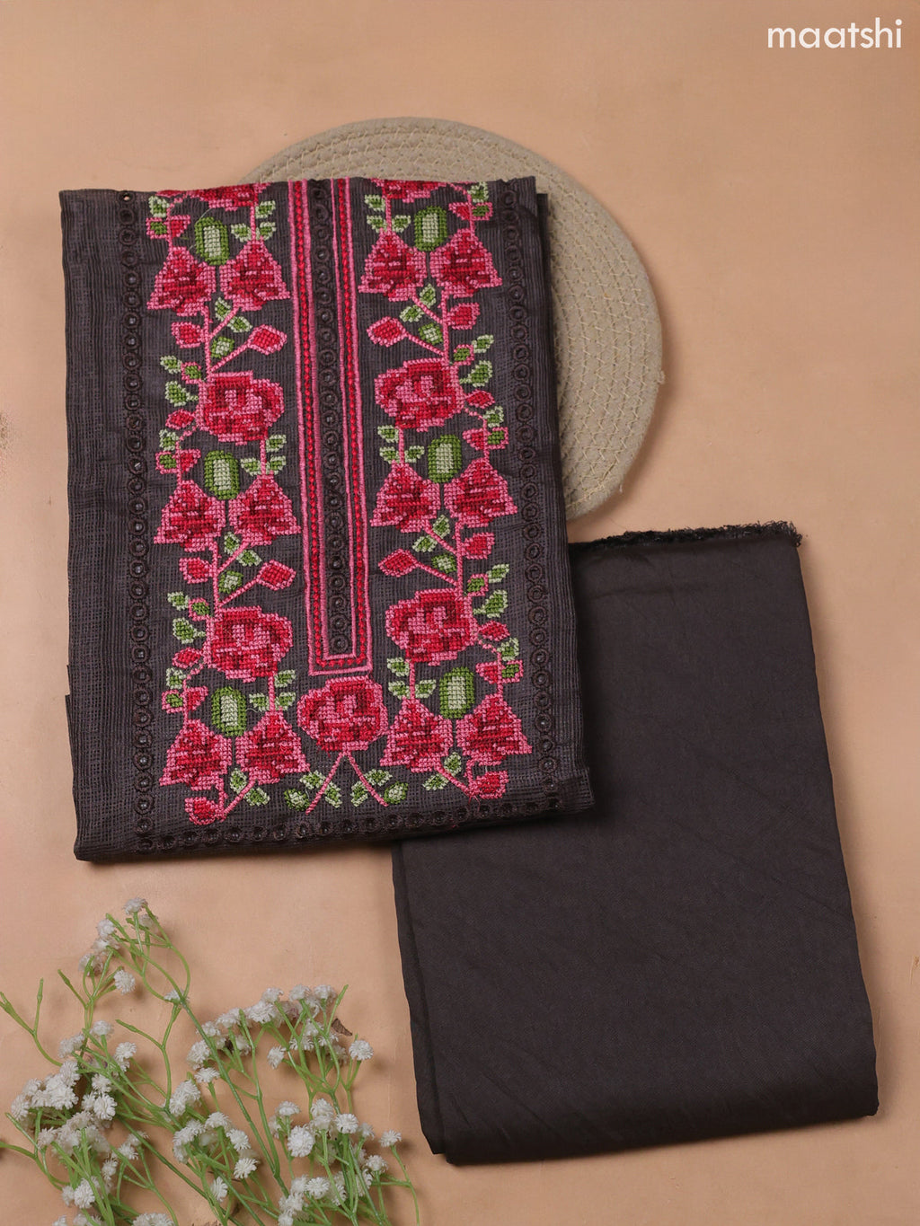 Black Kota Dress Material With Embroidery Work Neck Pattern and Bottom & Kota Dupatta