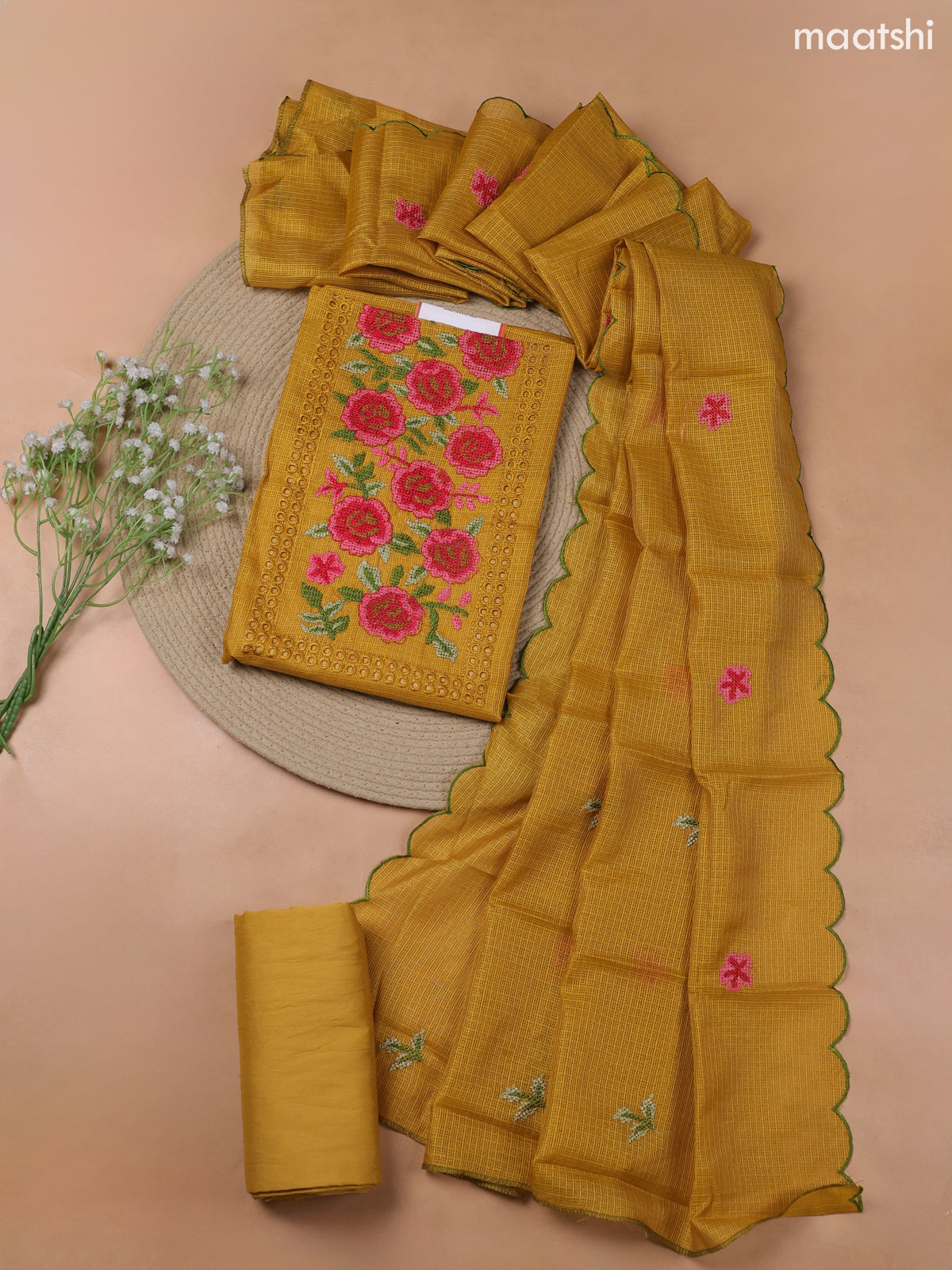 Mustard Yellow Kota Dress Material With Embroidery Work Neck Pattern and Bottom & Kota Dupatta