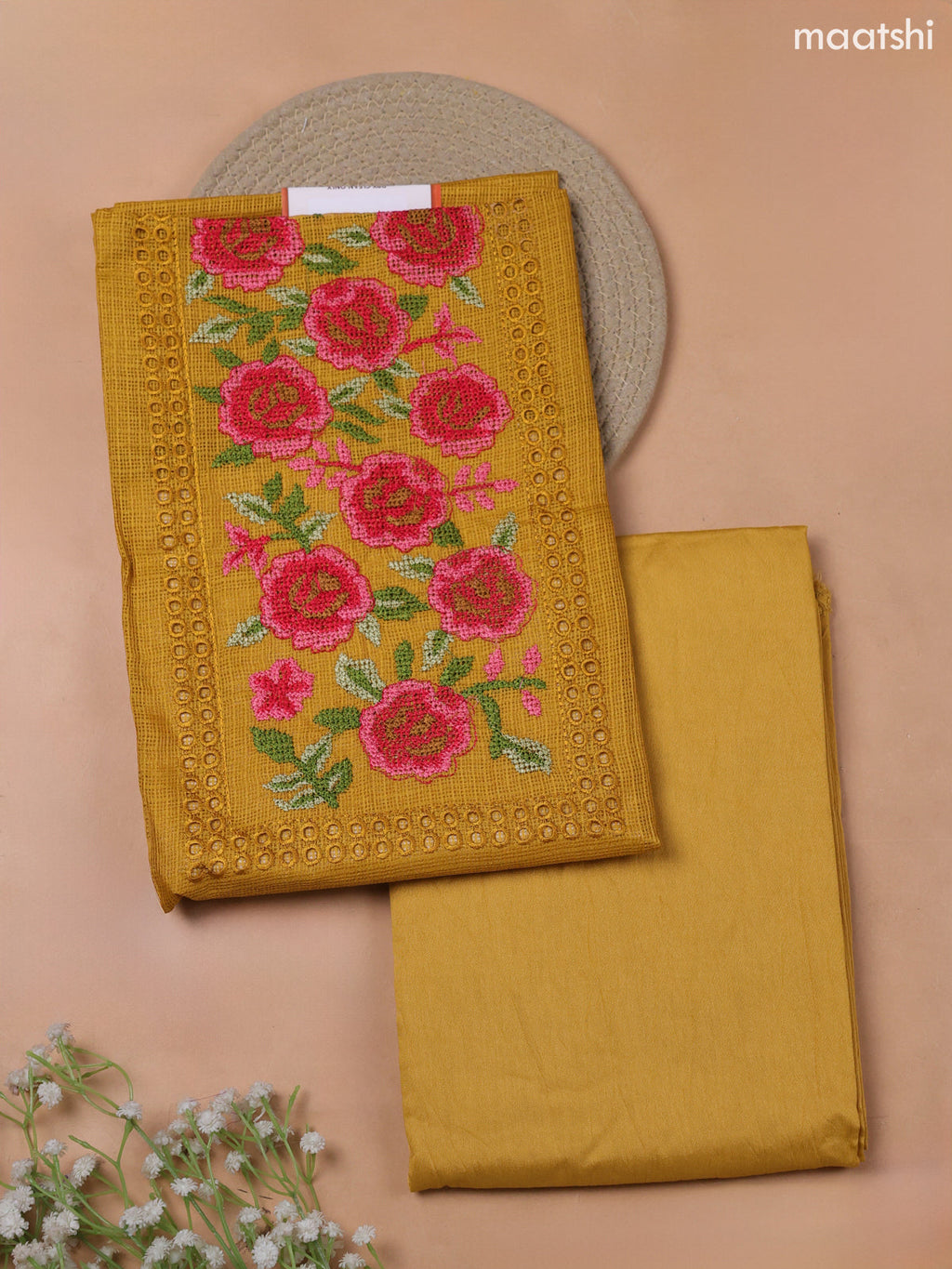 Mustard Yellow Kota Dress Material With Embroidery Work Neck Pattern and Bottom & Kota Dupatta