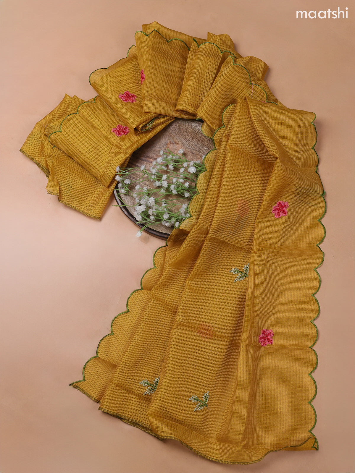 Mustard Yellow Kota Dress Material With Embroidery Work Neck Pattern and Bottom & Kota Dupatta