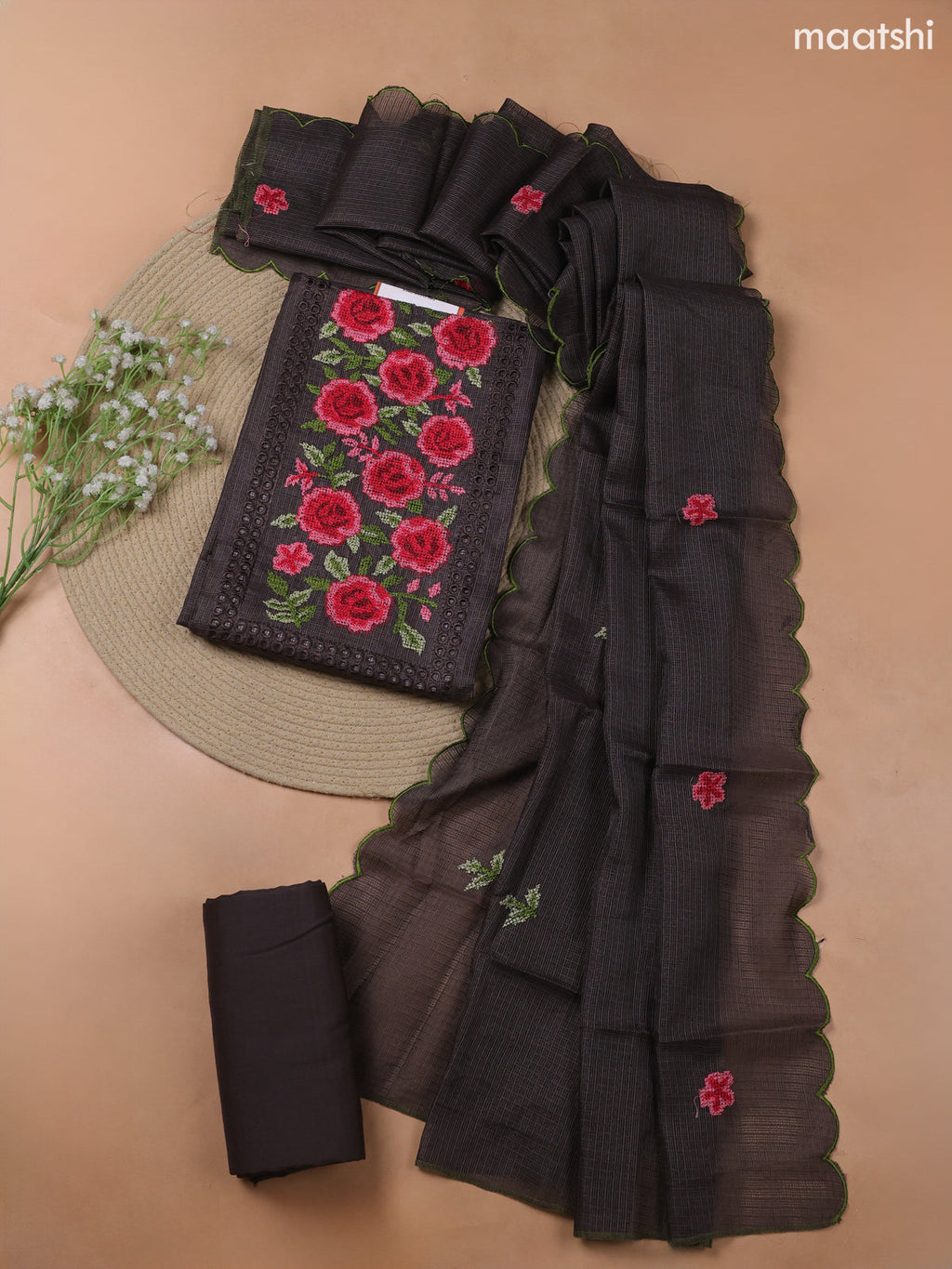 Black Kota Dress Material With Embroidery Work Neck Pattern and Bottom & Kota Dupatta