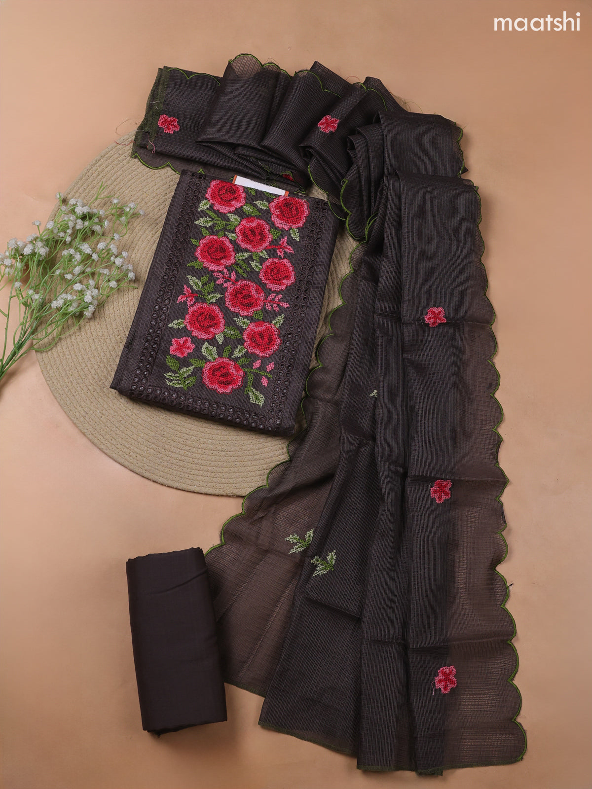 Black Kota Dress Material With Embroidery Work Neck Pattern and Bottom & Kota Dupatta
