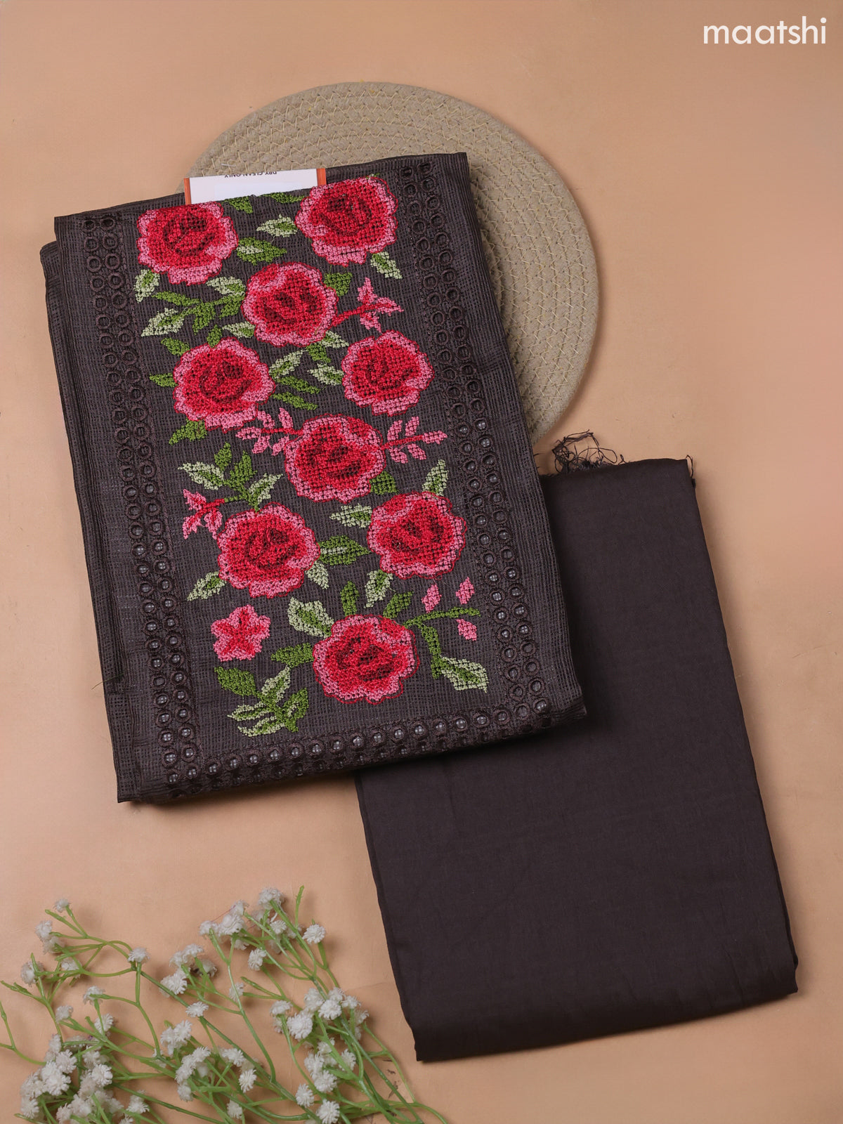 Black Kota Dress Material With Embroidery Work Neck Pattern and Bottom & Kota Dupatta