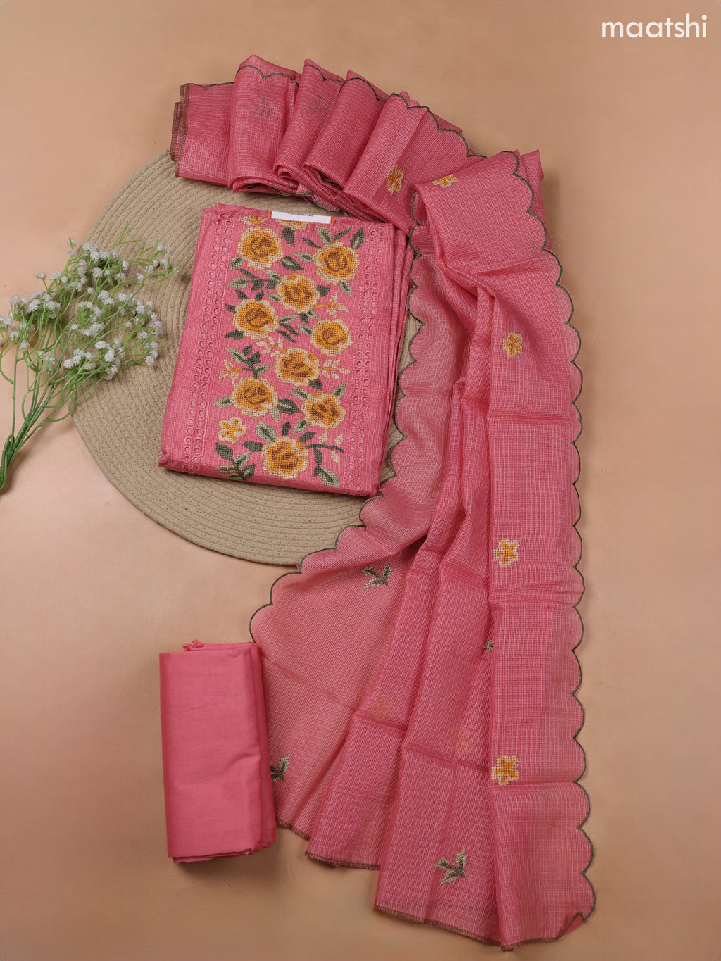 Peach Pink Kota Dress Material With Embroidery Work Neck Pattern and Bottom & Kota Dupatta