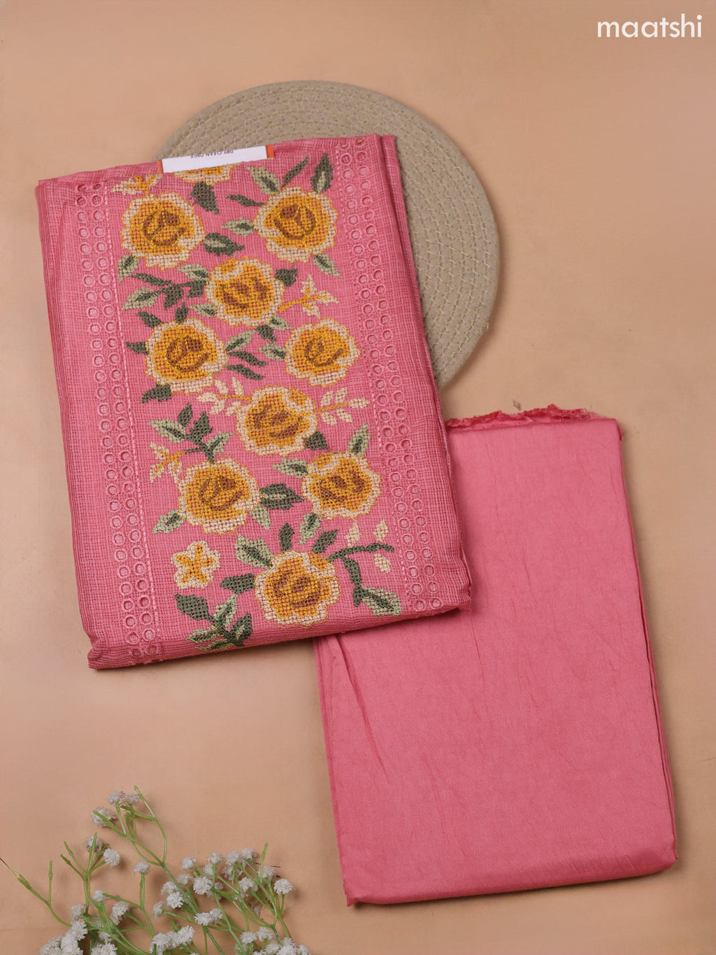Peach Pink Kota Dress Material With Embroidery Work Neck Pattern and Bottom & Kota Dupatta