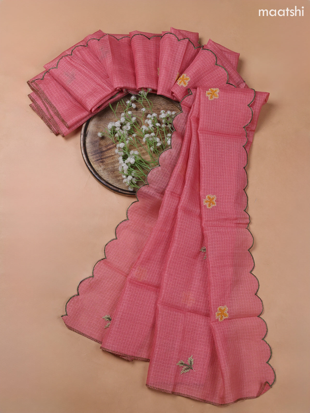 Peach Pink Kota Dress Material With Embroidery Work Neck Pattern and Bottom & Kota Dupatta
