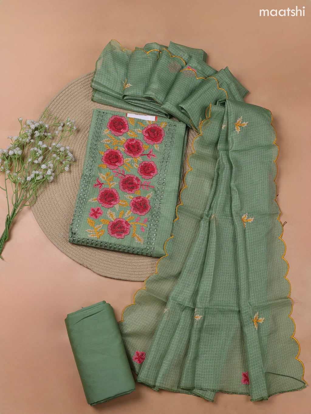 Green Kota Dress Material With Embroidery Work Neck Pattern and Bottom & Kota Dupatta