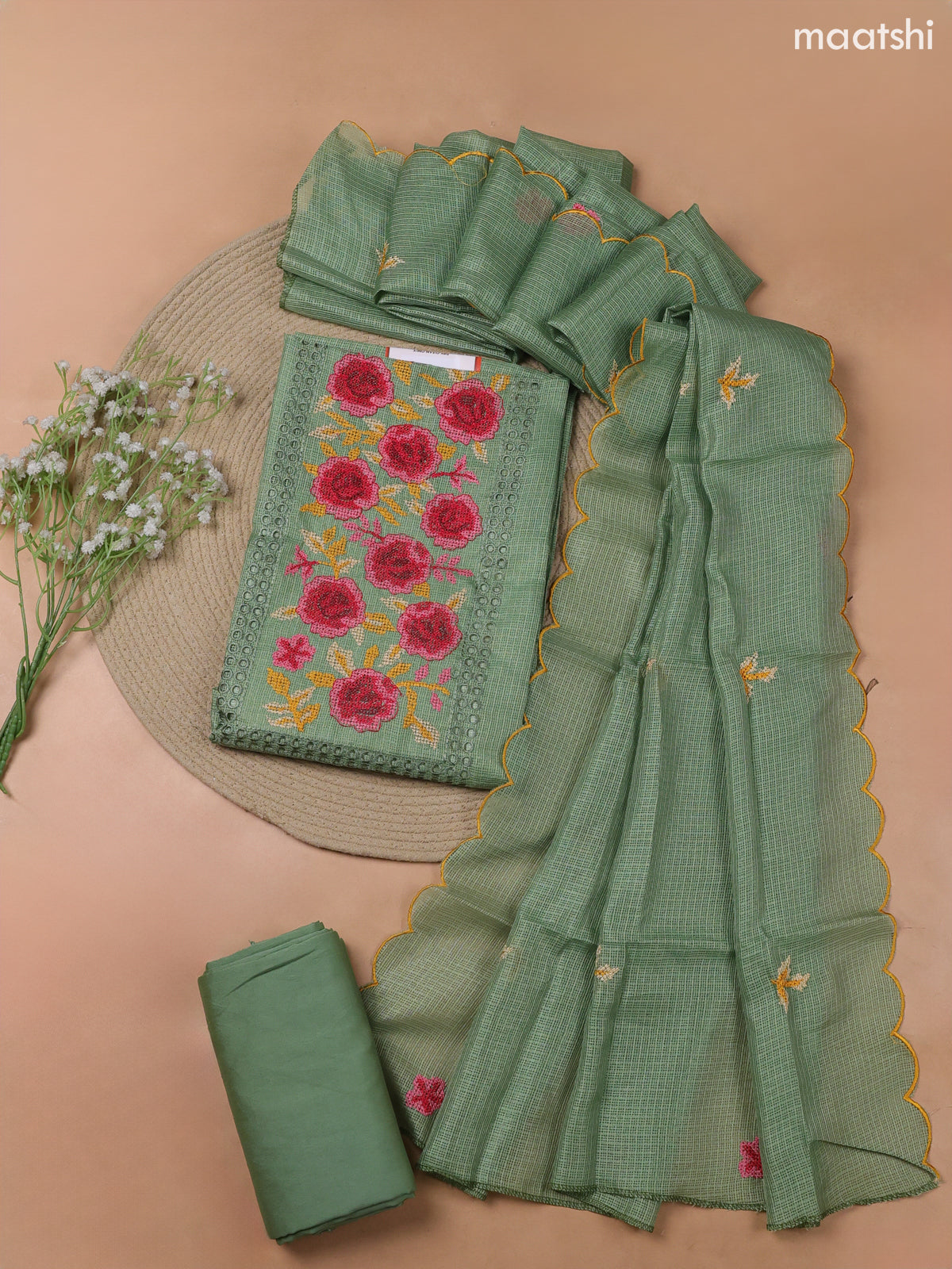 Green Kota Dress Material With Embroidery Work Neck Pattern and Bottom & Kota Dupatta
