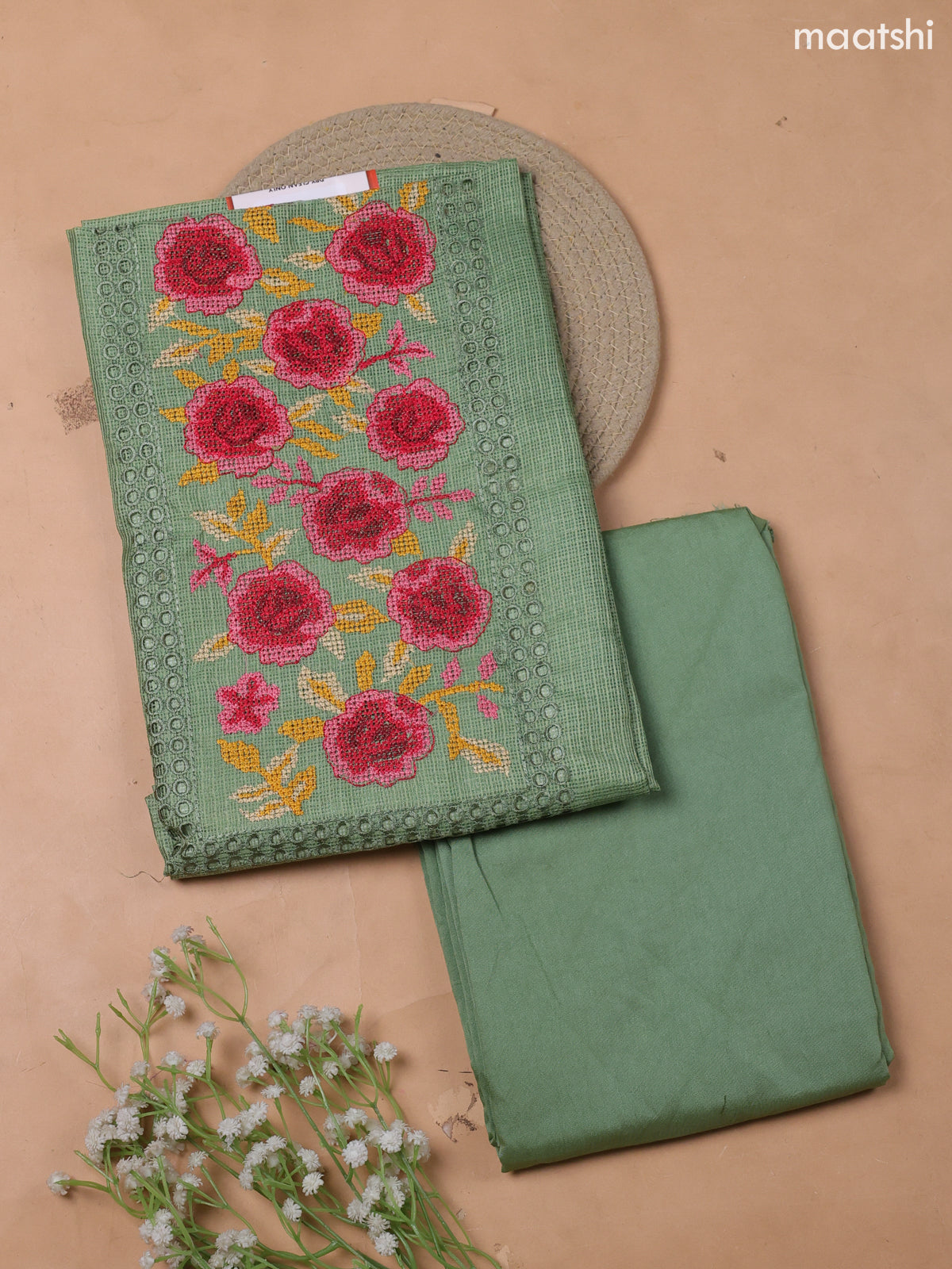 Green Kota Dress Material With Embroidery Work Neck Pattern and Bottom & Kota Dupatta