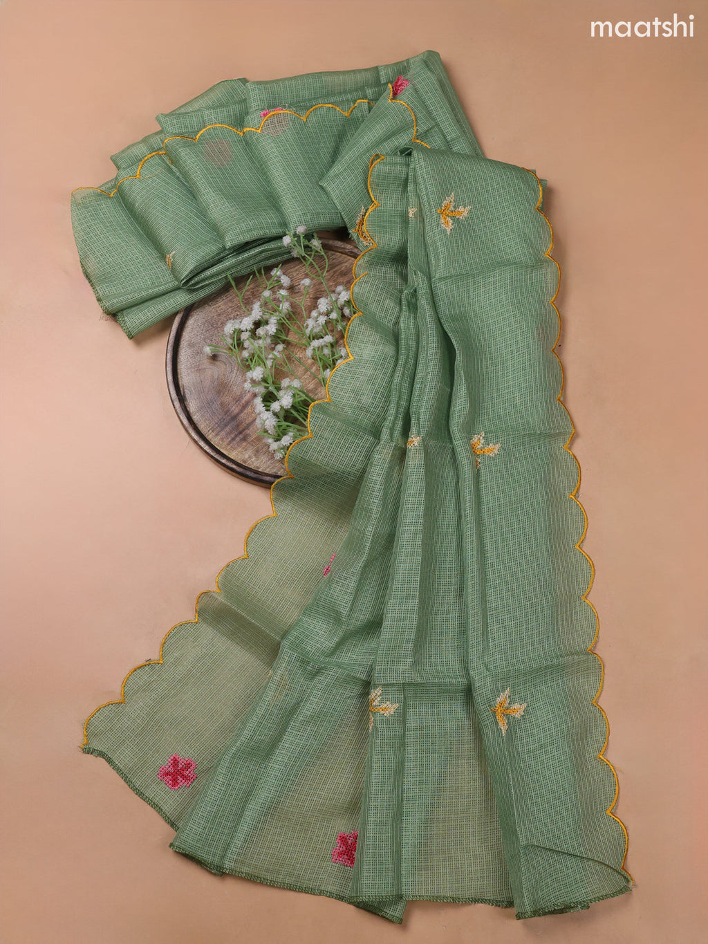 Green Kota Dress Material With Embroidery Work Neck Pattern and Bottom & Kota Dupatta