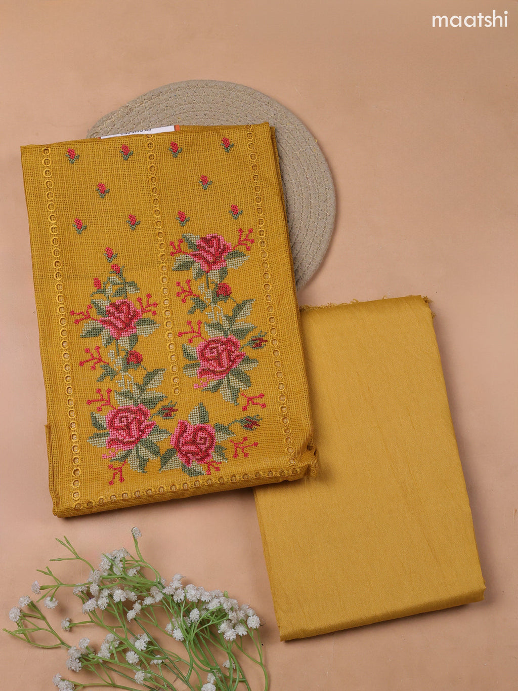Mustard Yellow Kota Dress Material With Embroidery Work Neck Pattern and Bottom & Kota Dupatta