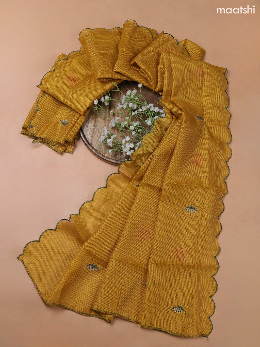 Mustard Yellow Kota Dress Material With Embroidery Work Neck Pattern and Bottom & Kota Dupatta