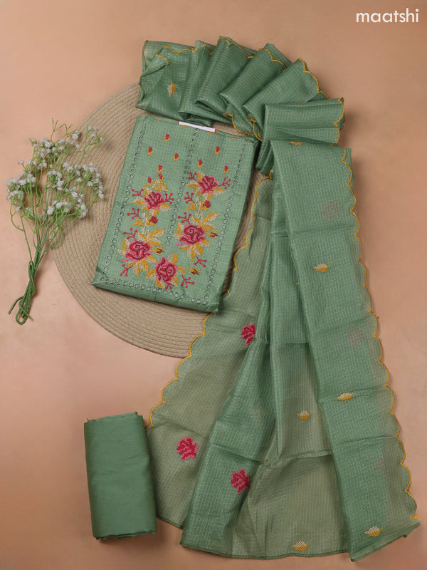 Green Kota Dress Material With Embroidery Work Neck Pattern and Bottom & Kota Dupatta