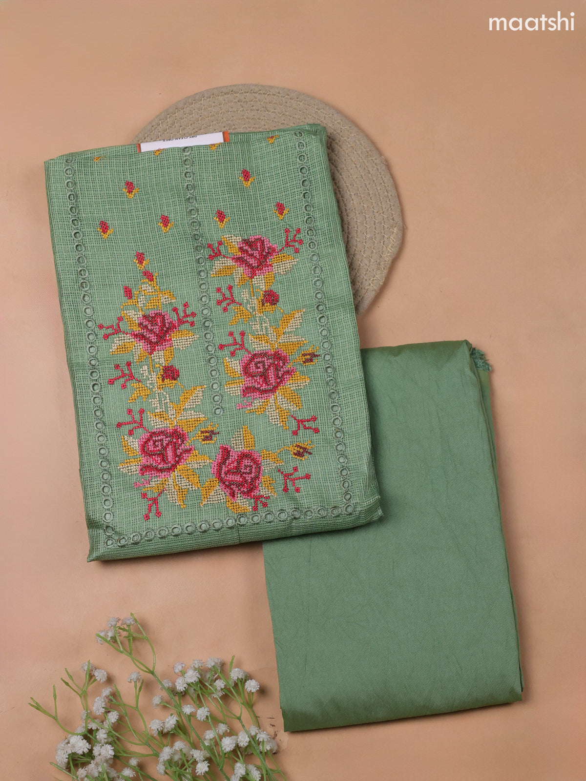Green Kota Dress Material With Embroidery Work Neck Pattern and Bottom & Kota Dupatta