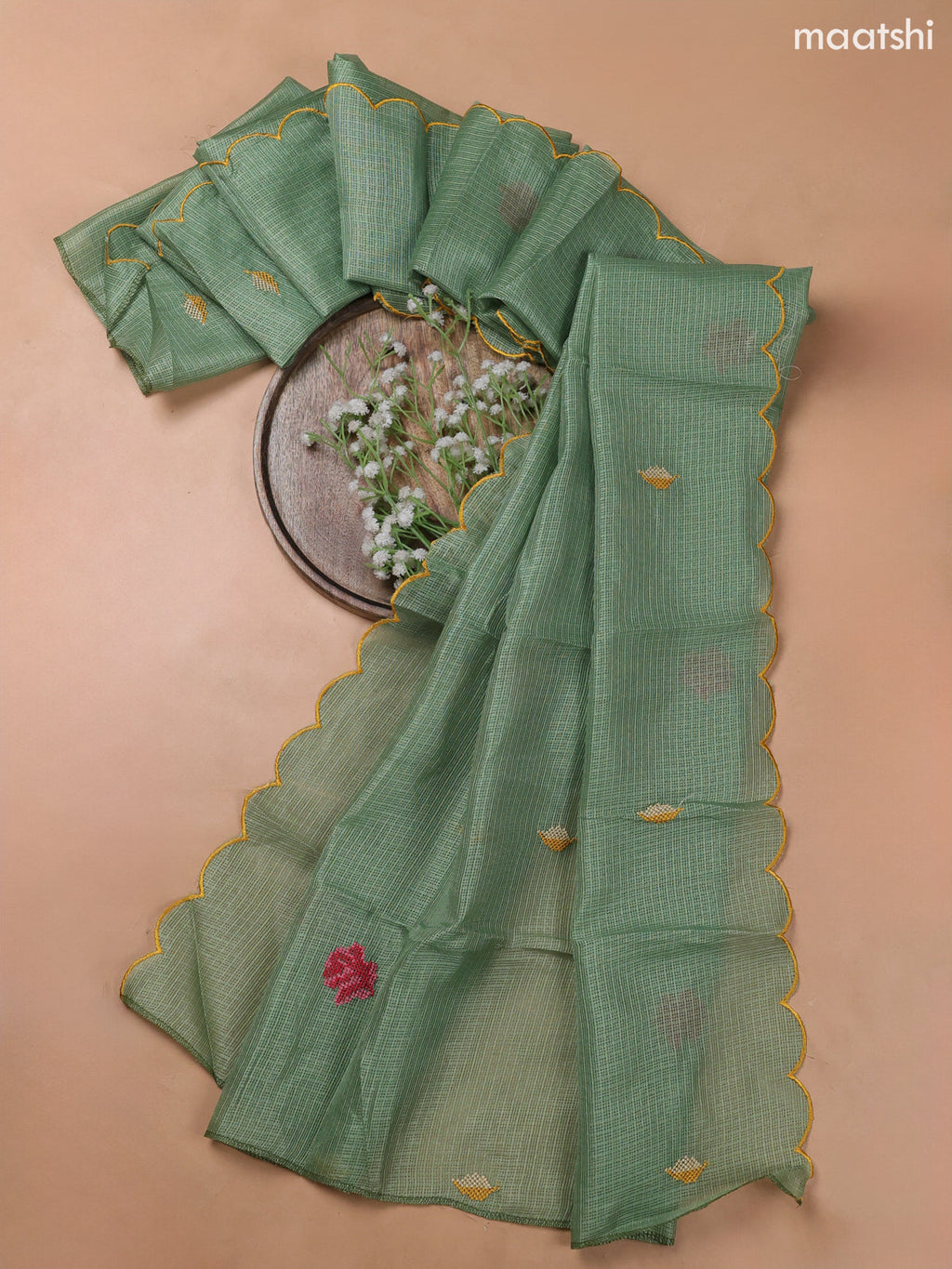 Green Kota Dress Material With Embroidery Work Neck Pattern and Bottom & Kota Dupatta