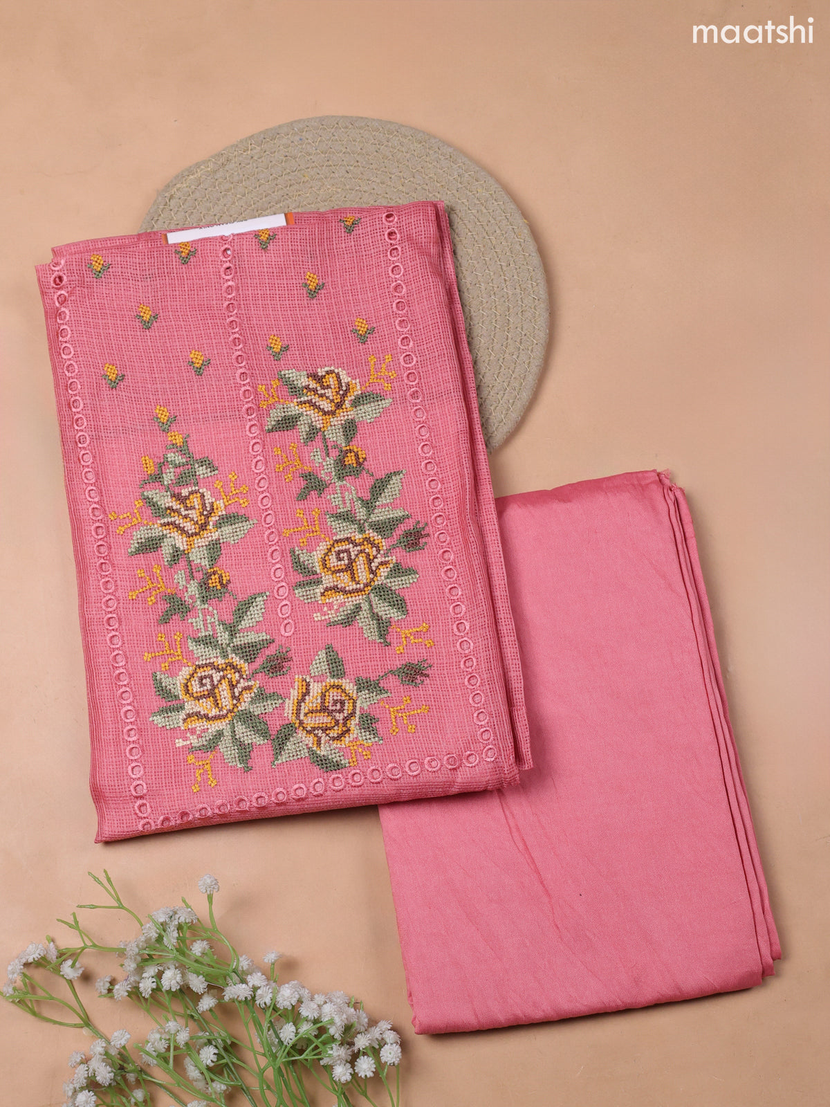 Peach Pink Kota Dress Material With Embroidery Work Neck Pattern and Bottom & Kota Dupatta