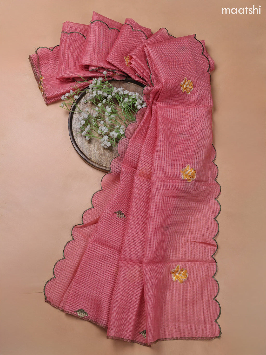 Peach Pink Kota Dress Material With Embroidery Work Neck Pattern and Bottom & Kota Dupatta