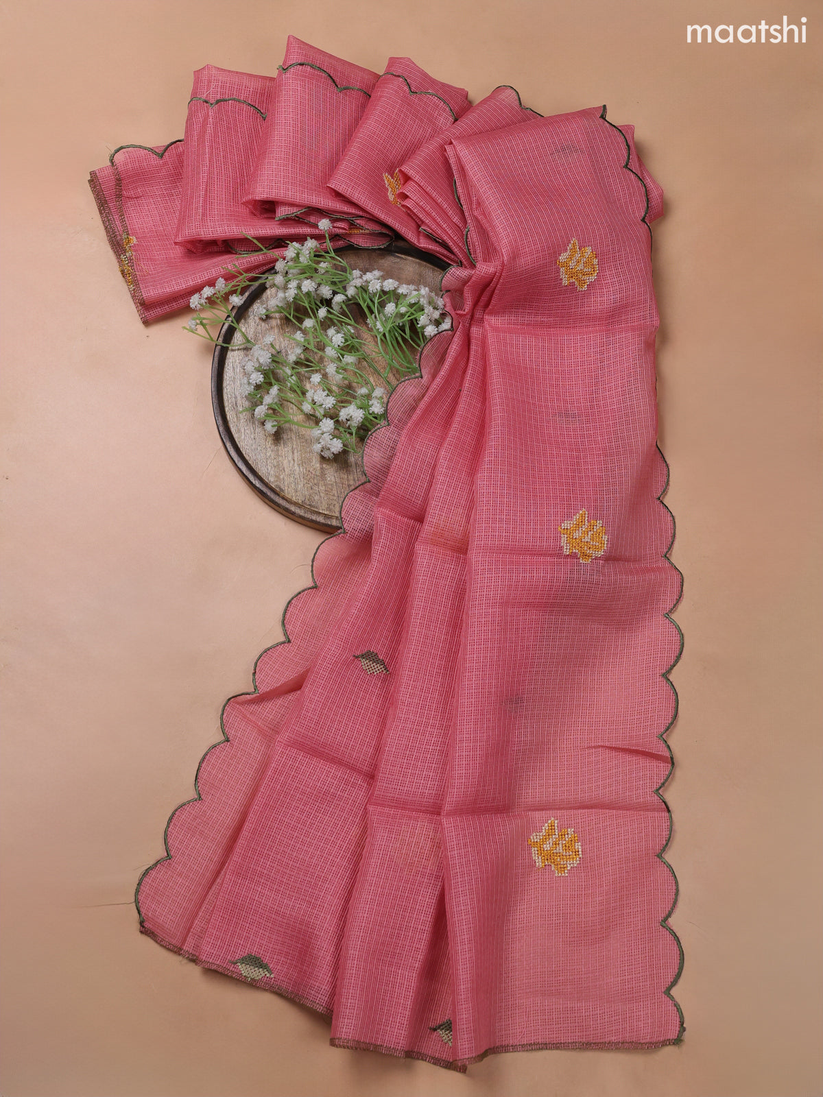 Peach Pink Kota Dress Material With Embroidery Work Neck Pattern and Bottom & Kota Dupatta