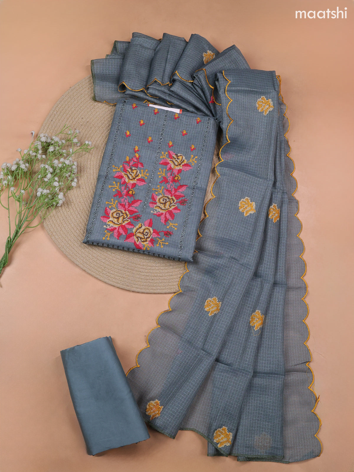 Elephant Grey Kota Dress Material With Embroidery Work Neck Pattern and Bottom & Kota Dupatta