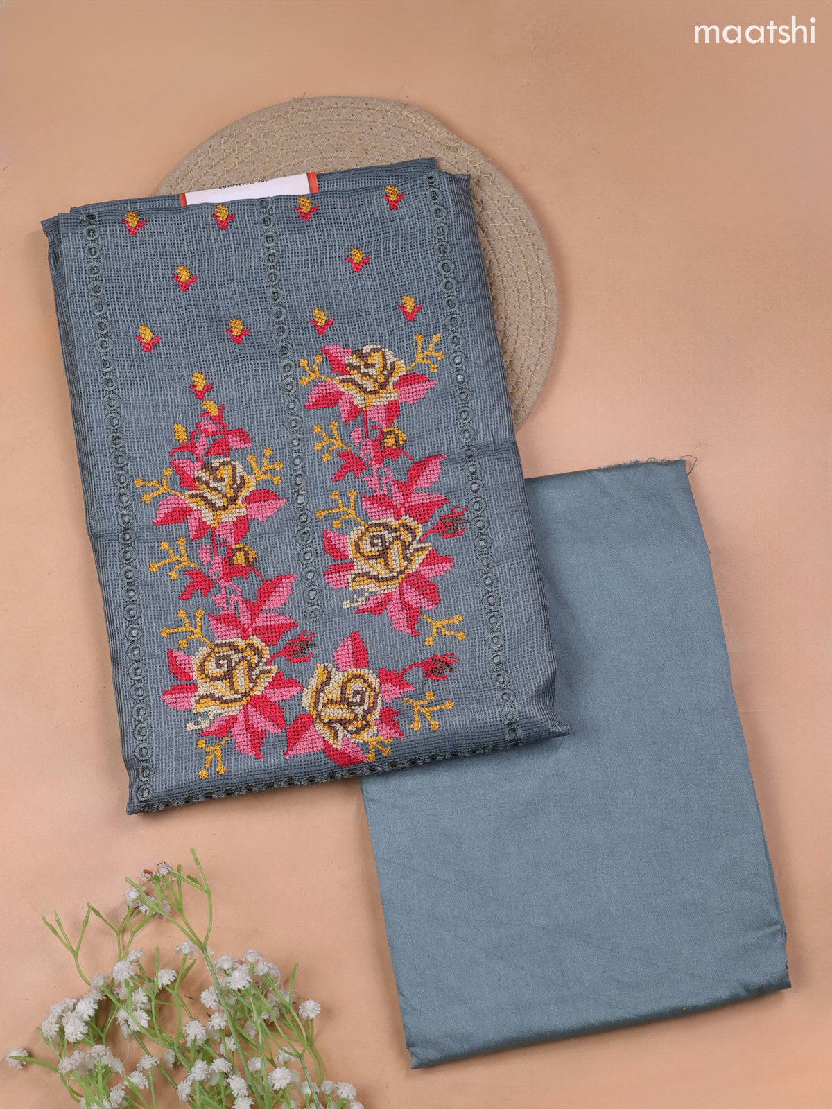 Elephant Grey Kota Dress Material With Embroidery Work Neck Pattern and Bottom & Kota Dupatta