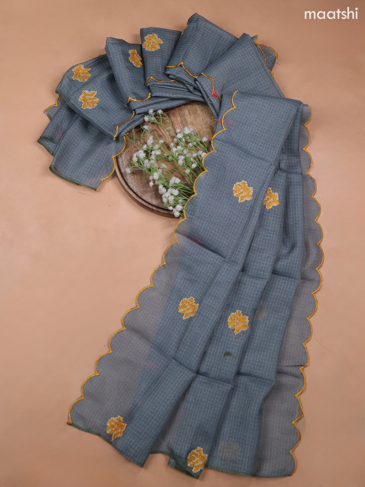 Elephant Grey Kota Dress Material With Embroidery Work Neck Pattern and Bottom & Kota Dupatta