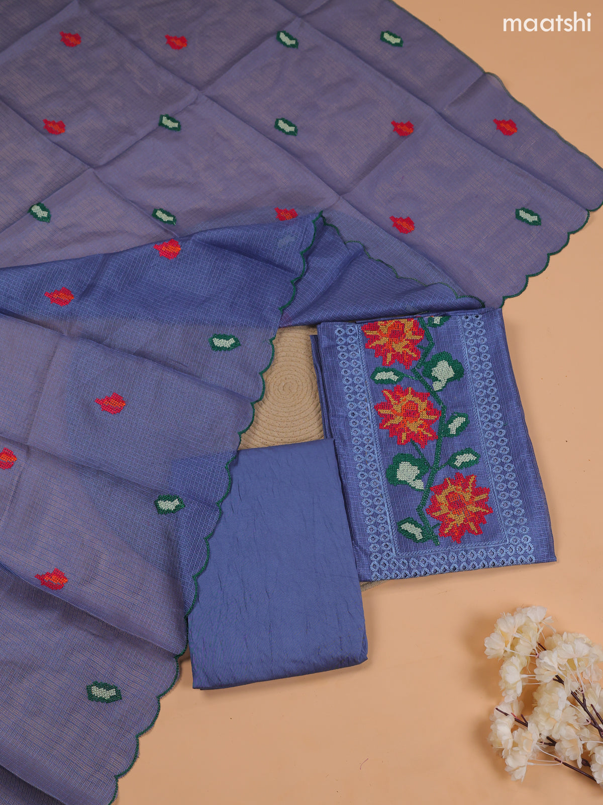 Bluish Grey Kota Dress Material With Embroidery Work Neck Pattern and Bottom & Dupatta