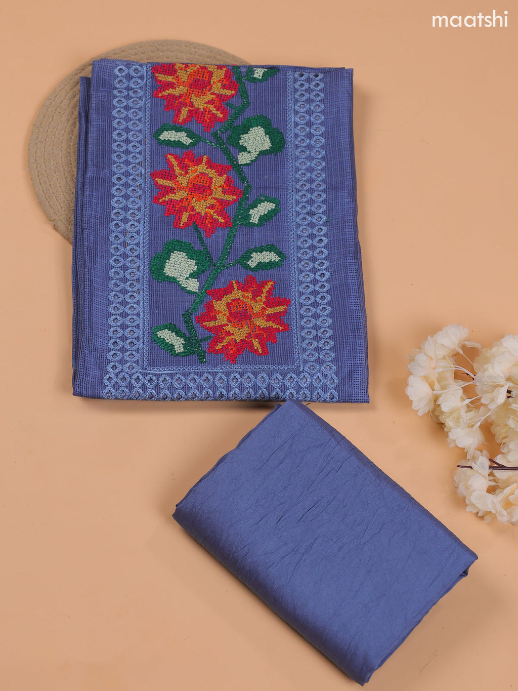 Bluish Grey Kota Dress Material With Embroidery Work Neck Pattern and Bottom & Dupatta