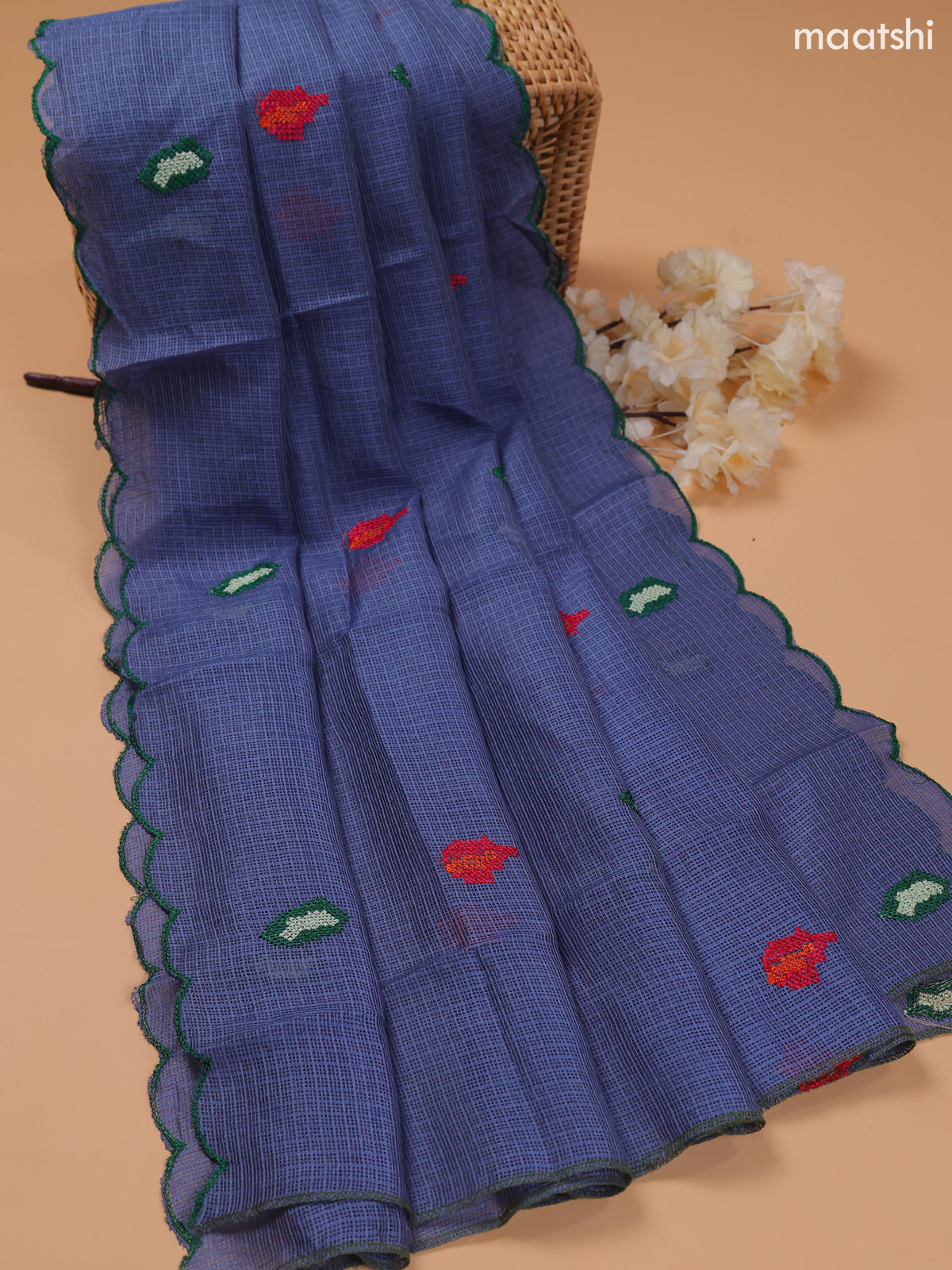 Bluish Grey Kota Dress Material With Embroidery Work Neck Pattern and Bottom & Dupatta