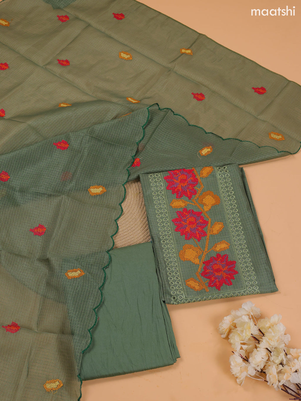 Light Green Kota Dress Material With Embroidery Work Neck Pattern and Bottom & Dupatta