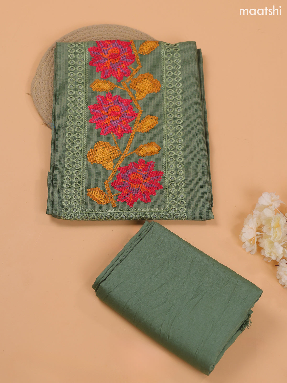 Light Green Kota Dress Material With Embroidery Work Neck Pattern and Bottom & Dupatta