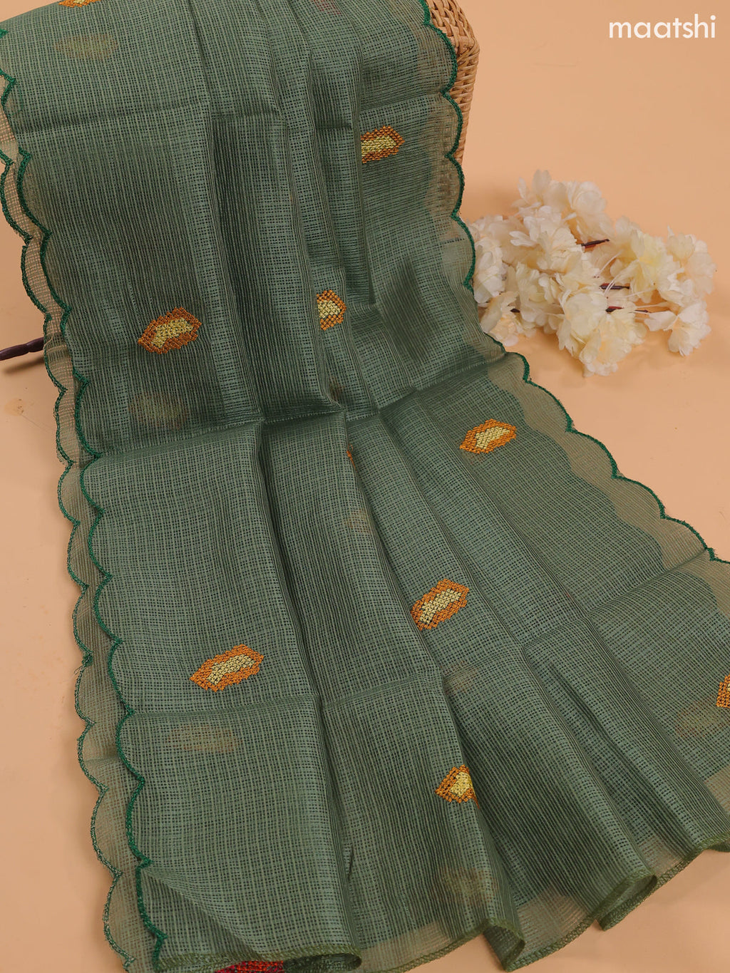 Light Green Kota Dress Material With Embroidery Work Neck Pattern and Bottom & Dupatta