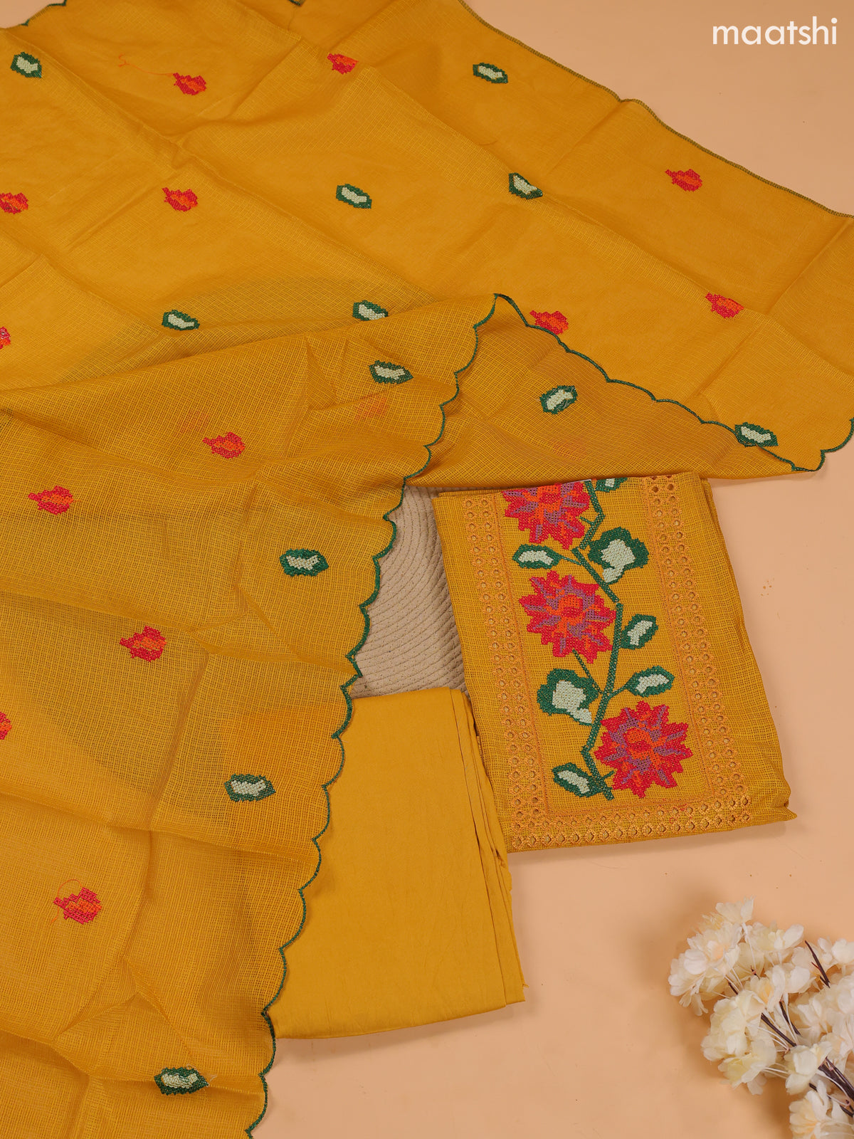 Mustard Yellow Kota Dress Material With Embroidery Work Neck Pattern and Bottom & Dupatta