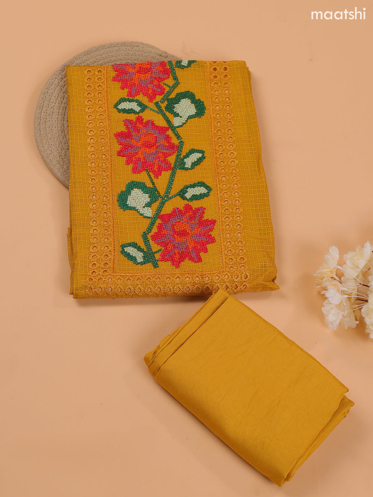 Mustard Yellow Kota Dress Material With Embroidery Work Neck Pattern and Bottom & Dupatta