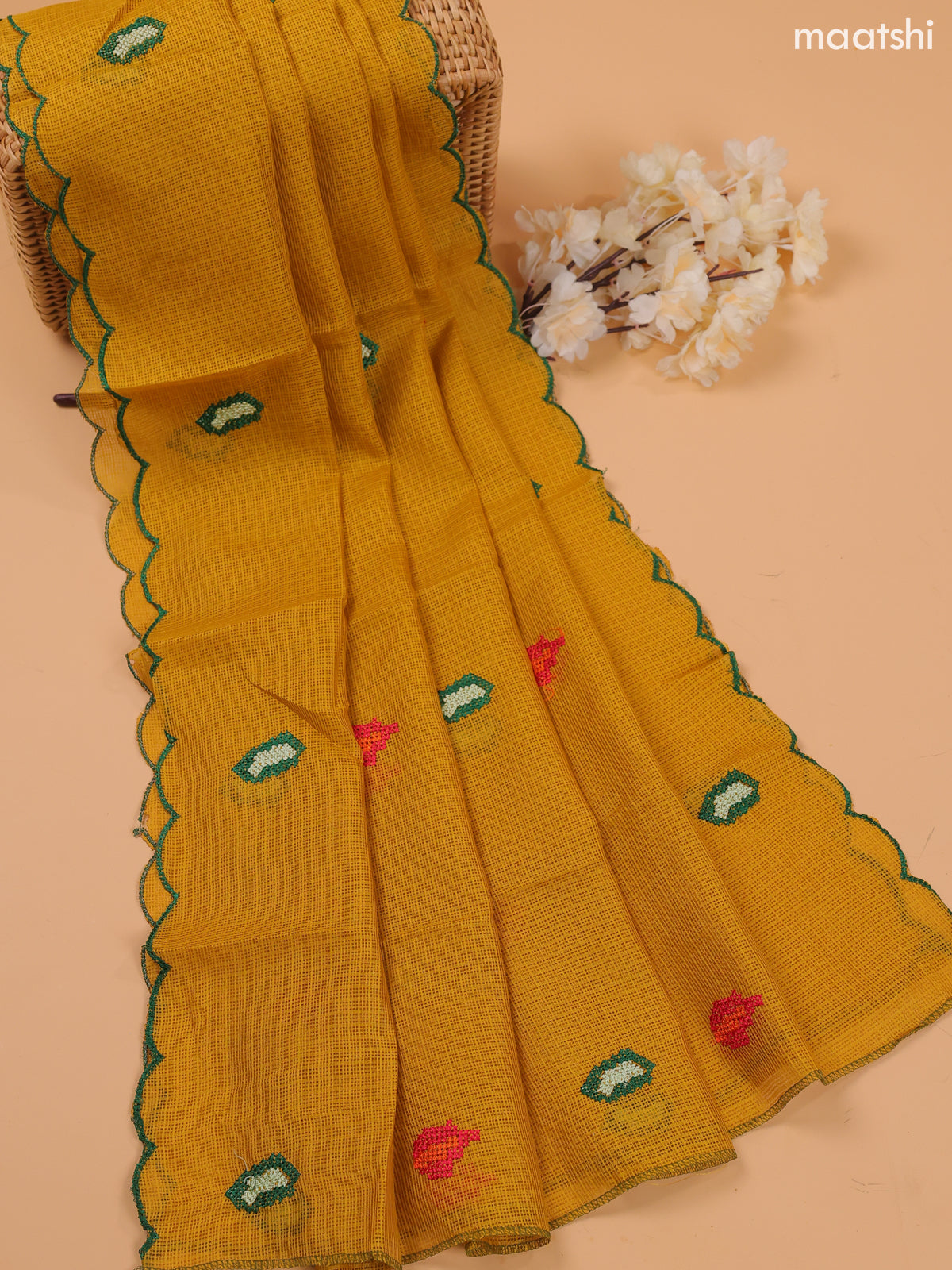 Mustard Yellow Kota Dress Material With Embroidery Work Neck Pattern and Bottom & Dupatta