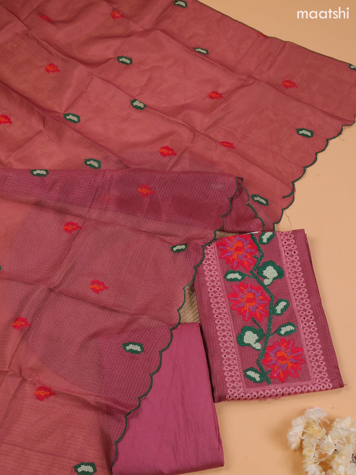 Dark Mauve Pink Kota Dress Material With Embroidery Work Neck Pattern and Bottom & Dupatta