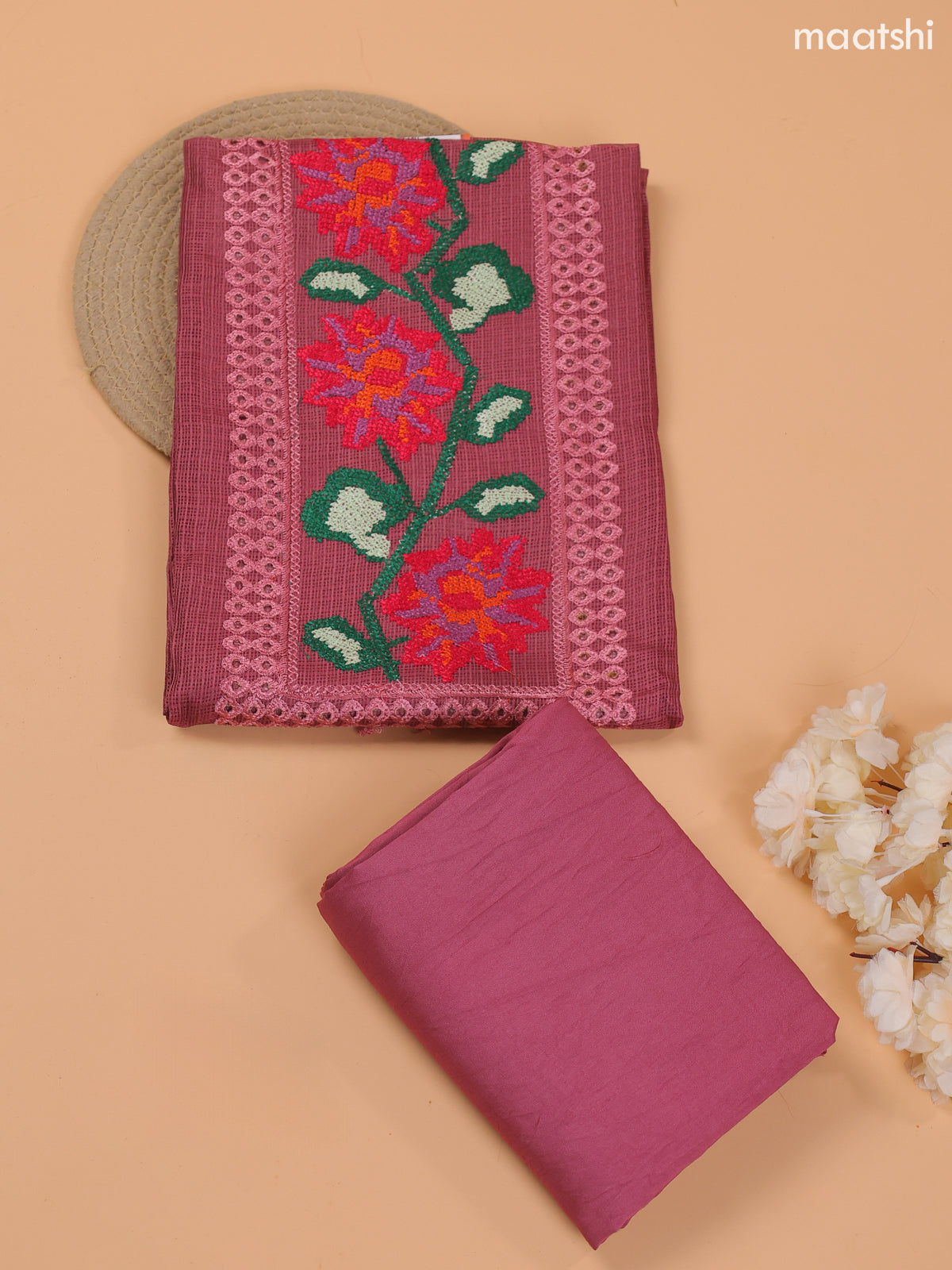 Dark Mauve Pink Kota Dress Material With Embroidery Work Neck Pattern and Bottom & Dupatta