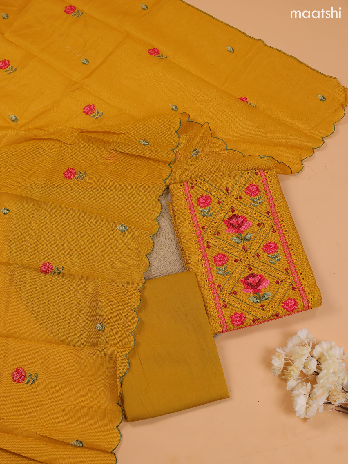 Mustard Yellow Kota Dress Material With Embroidery Work Neck Pattern and Bottom & Dupatta