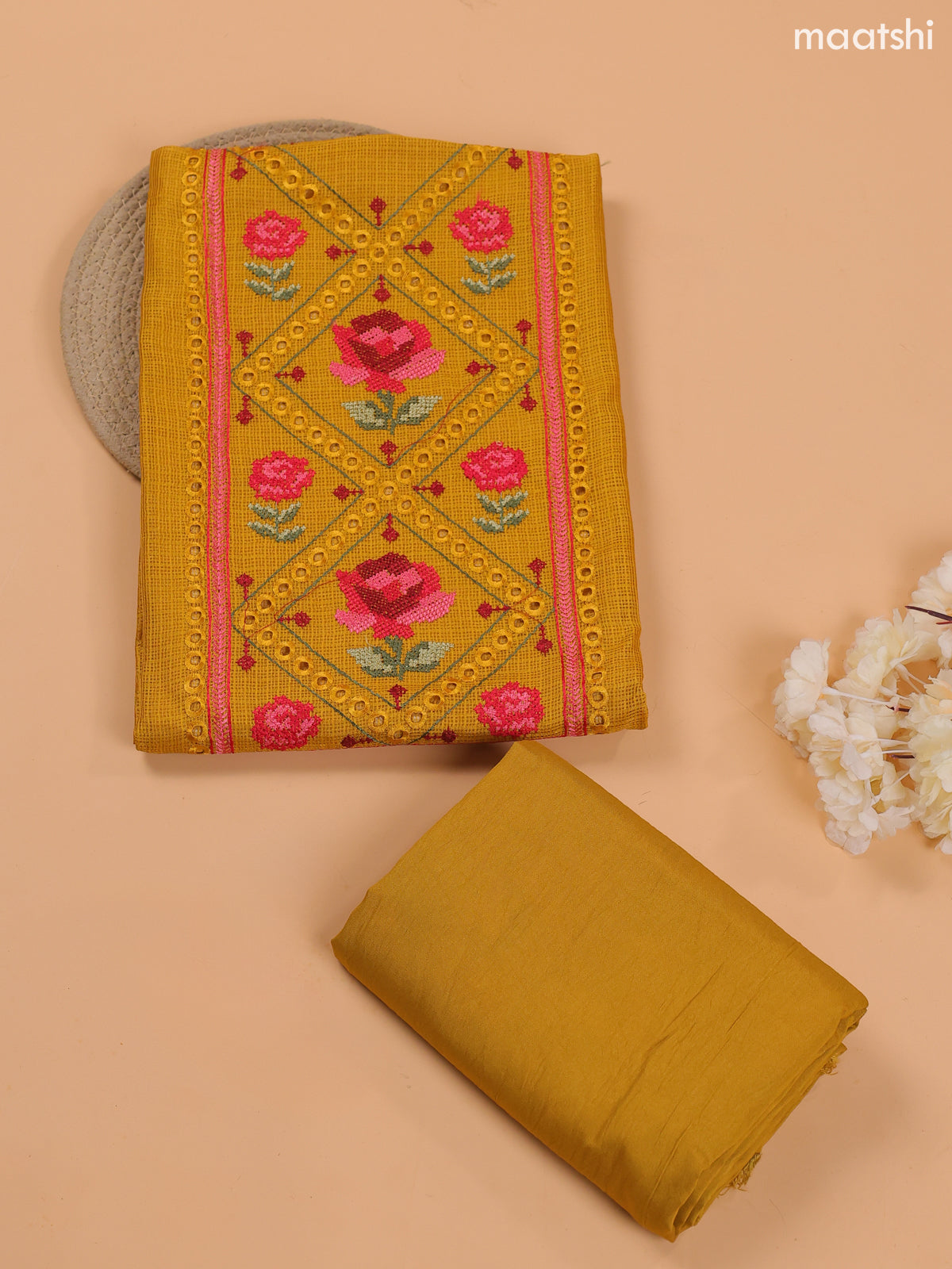 Mustard Yellow Kota Dress Material With Embroidery Work Neck Pattern and Bottom & Dupatta