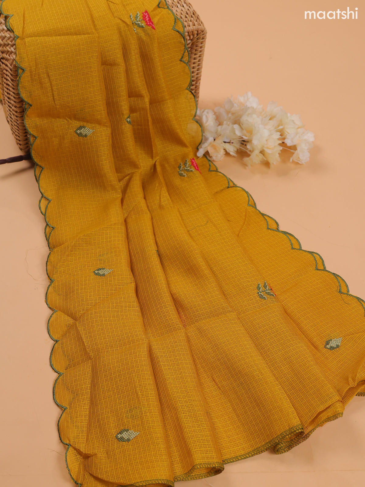 Mustard Yellow Kota Dress Material With Embroidery Work Neck Pattern and Bottom & Dupatta