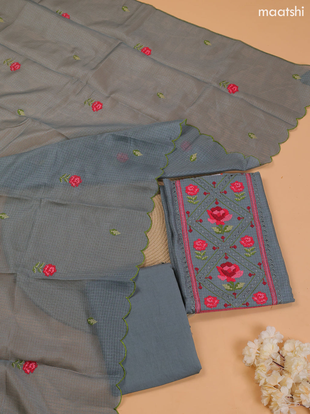 Pastel Grey Kota Dress Material With Embroidery Work Neck Pattern and Bottom & Dupatta