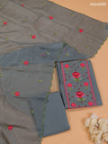 Pastel Grey Kota Dress Material With Embroidery Work Neck Pattern and Bottom & Dupatta