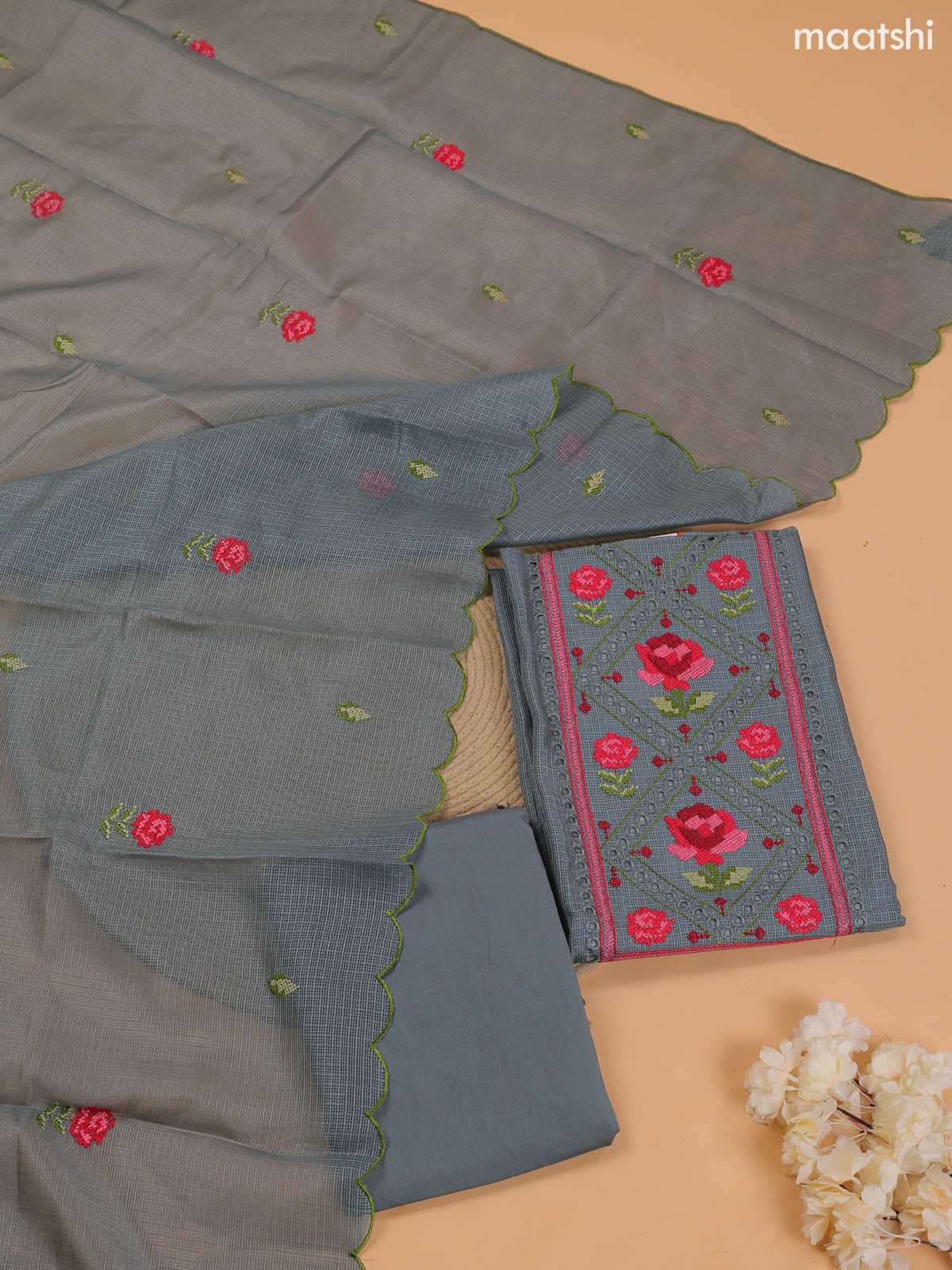 Pastel Grey Kota Dress Material With Embroidery Work Neck Pattern and Bottom & Dupatta