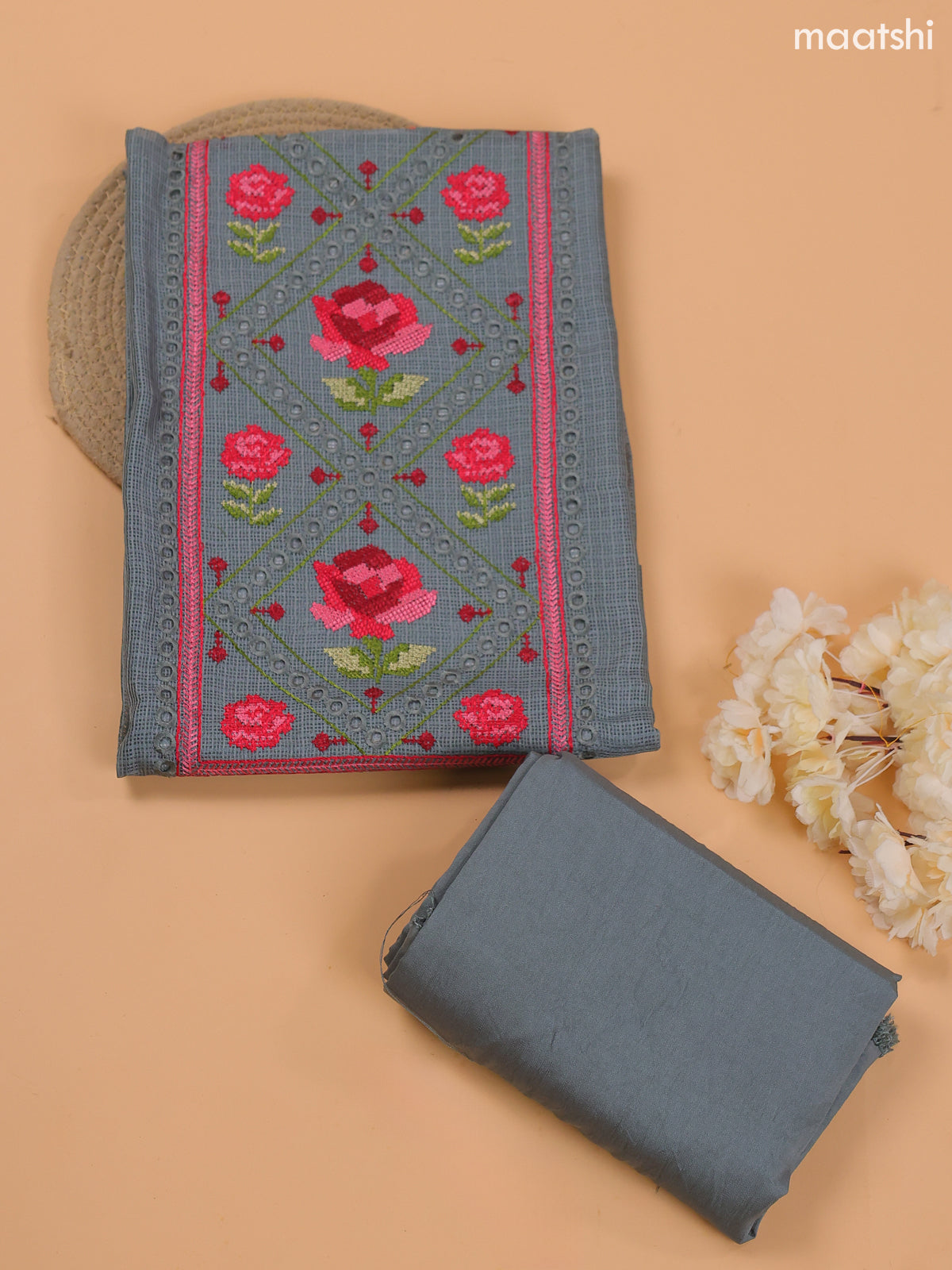 Pastel Grey Kota Dress Material With Embroidery Work Neck Pattern and Bottom & Dupatta