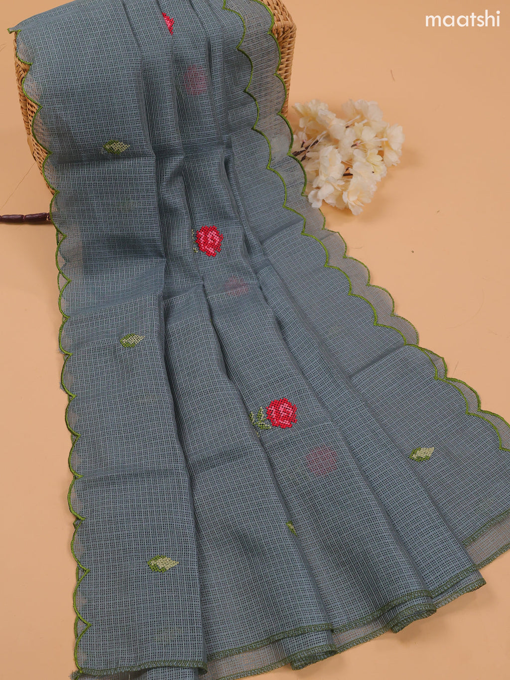 Pastel Grey Kota Dress Material With Embroidery Work Neck Pattern and Bottom & Dupatta