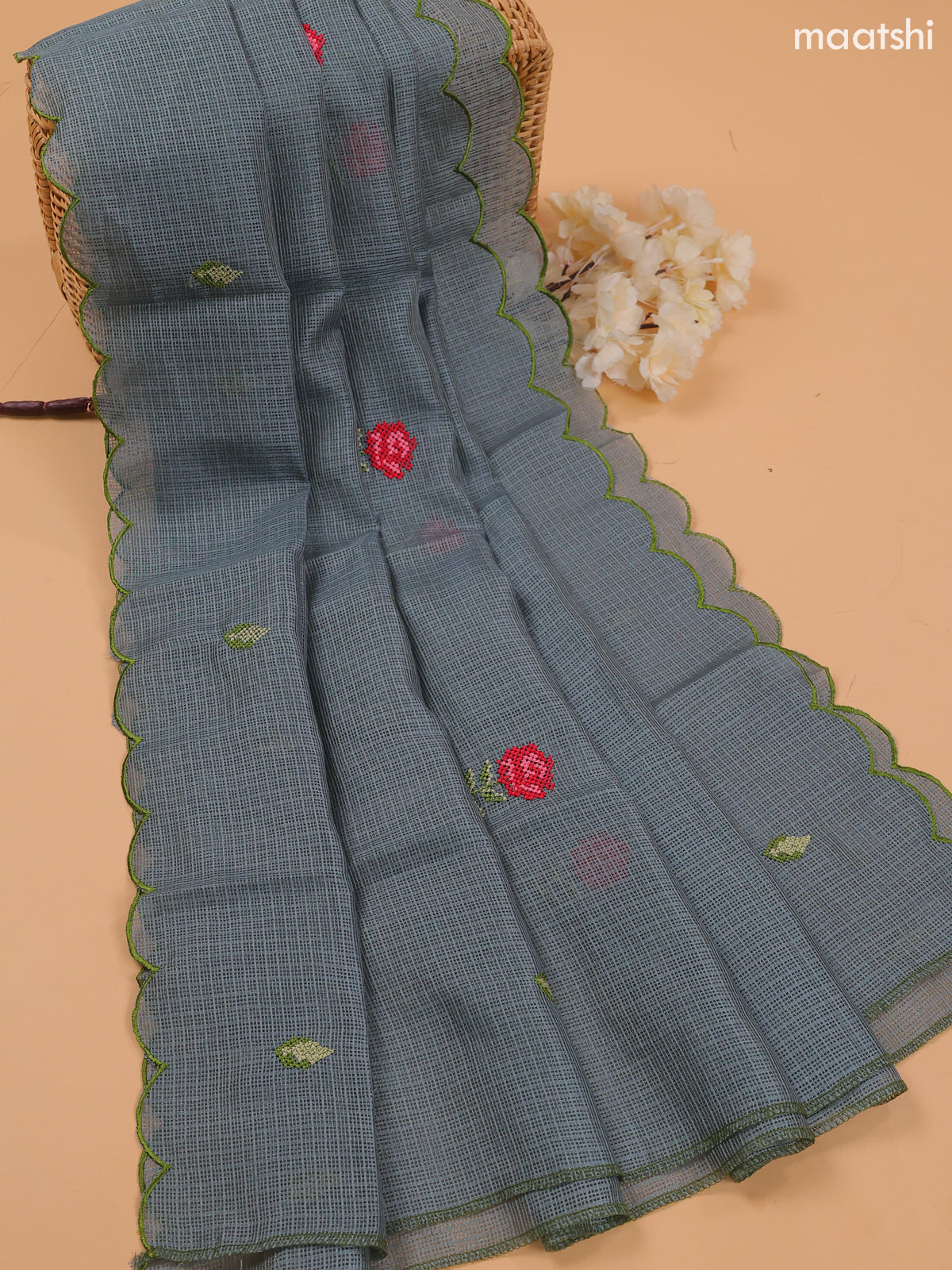 Pastel Grey Kota Dress Material With Embroidery Work Neck Pattern and Bottom & Dupatta