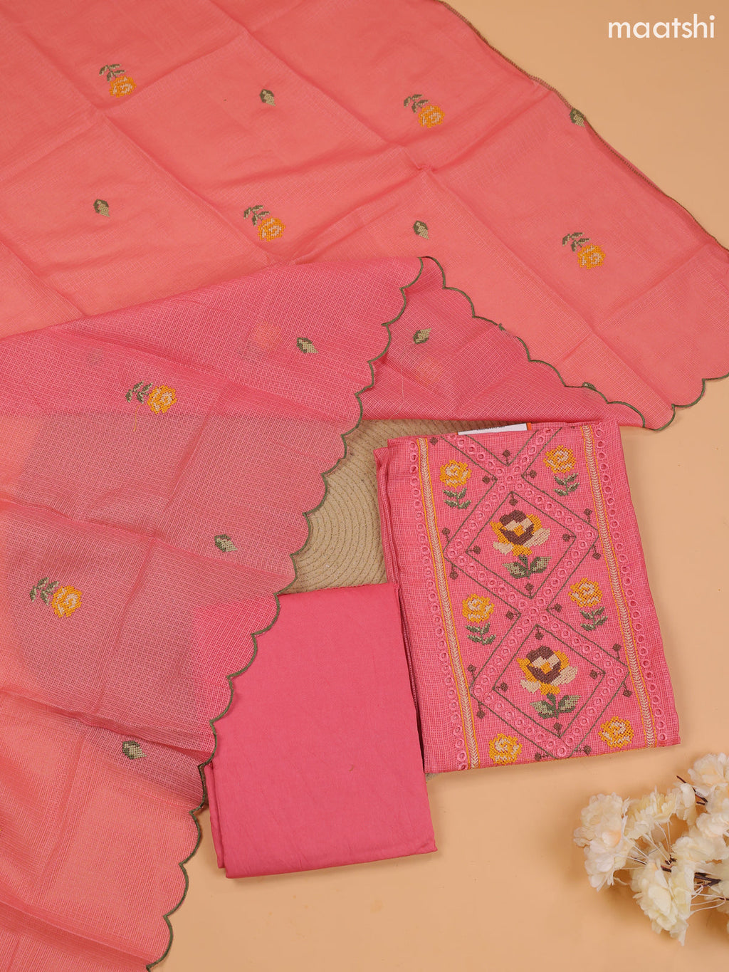 Pink Kota Dress Material With Embroidery Work Neck Pattern and Bottom & Dupatta